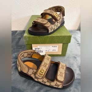 Brand New Women Gucci Monogram Kid Scamosciato Double G Dad Sandals Sz 35 (US 5)